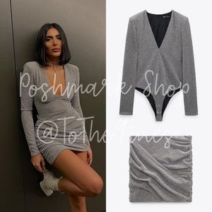 Zara Metallic Thread Bodysuit Mini Skirt 2 Piece Set Silver
